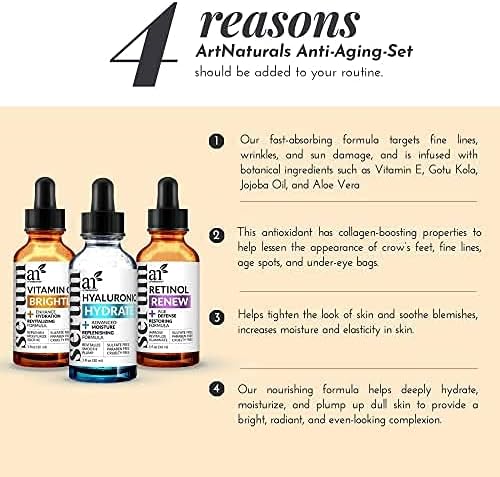 ArtNaturals Anti-Aging-Set with Vitamin-C Retinol and Hyaluronic-Acid - Serum for Anti Wrinkle and Dark Circle Remover – All Natural and Moisturizing (3 x 1 Fl Oz / 30ml) (ANAA-0101)