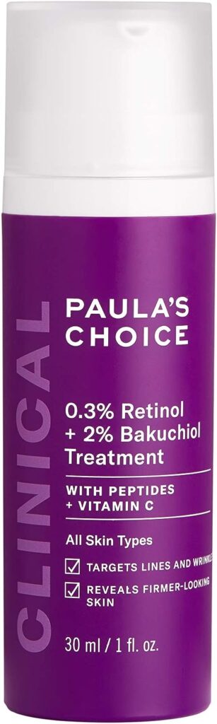 Paulas Choice CLINICAL 0.3% Retinol + 2% Bakuchiol Treatment, Anti-Aging Serum for Deep Wrinkles  Fine Lines, Fragrance-Free  Paraben-Free, 1 Ounce