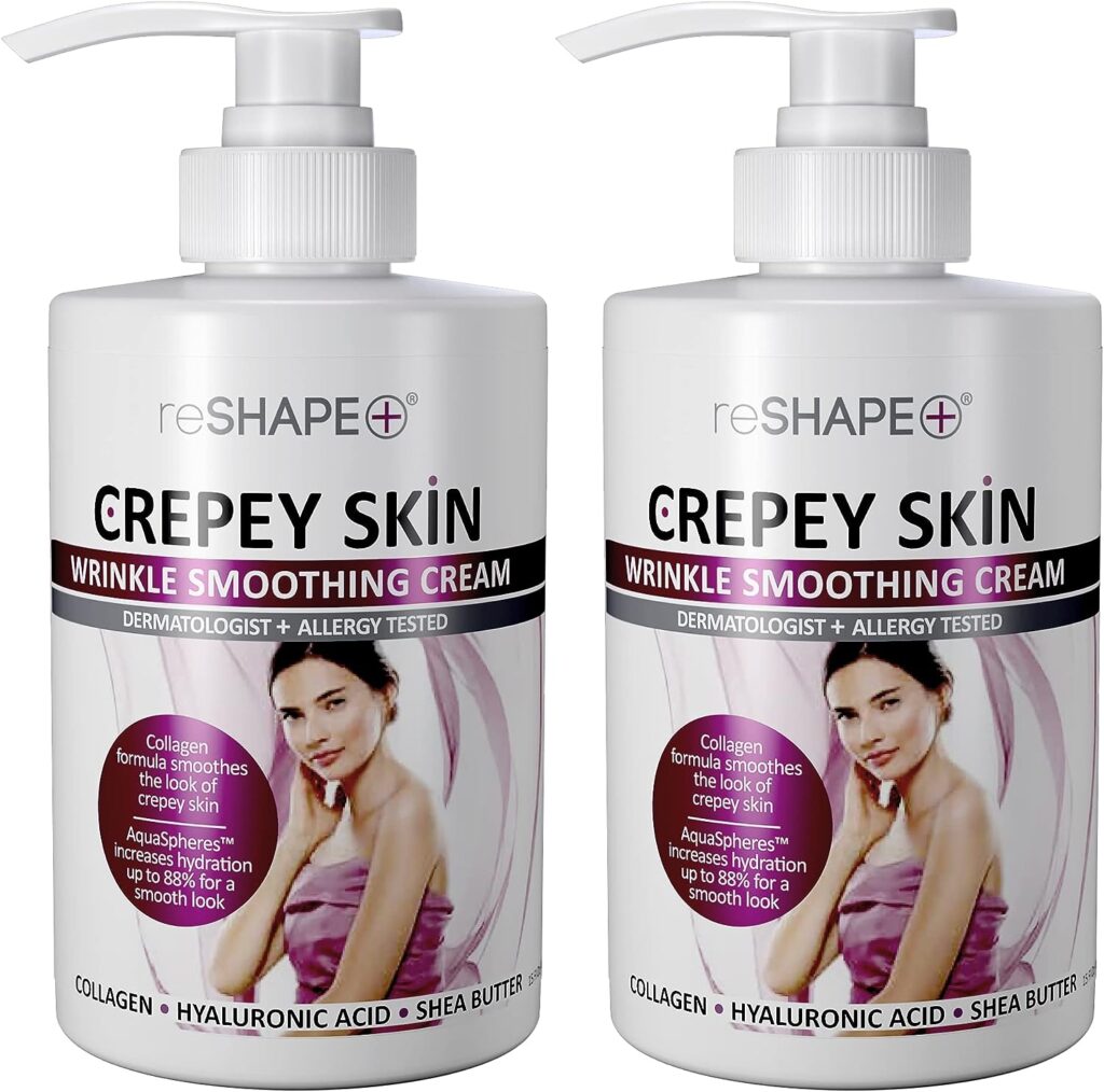 Reshape+ Crepey Skin Treatment Cream Wrinkle Smoothing Lotion Anti Aging Skin Care Moisturizer For Face, Arms, Neck,  Body W/Collagen  Hyaluronic Acid To Plump Sagging Skin, 15 Fl Oz (Pack of 2)