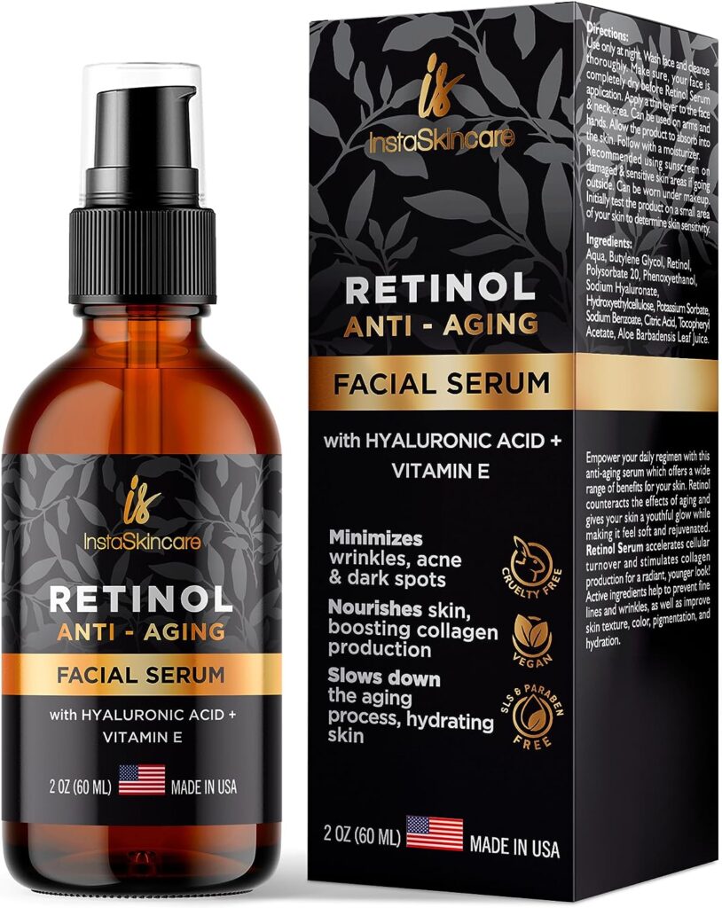 Retinol Serum for Face with Hyaluronic Acid + Vitamin E and A + Aloe Vera - DOUBLE SIZED (2Oz) - Anti-Aging Serum Pore Tightener Fade Dark Spots Clinical Strength Formula by InstaSkincare