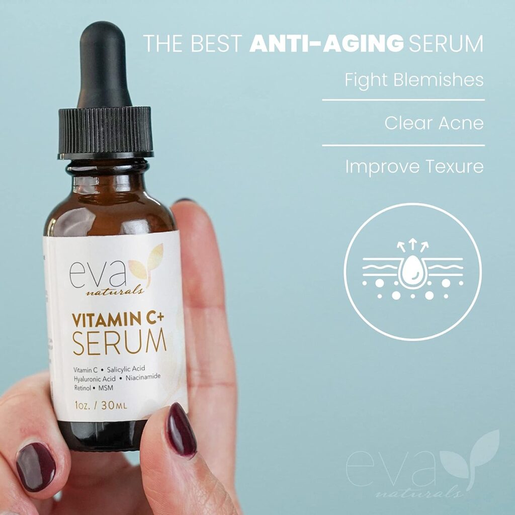 Eva Naturals Vitamin C Serum for Face Plus Hyaluronic Acid, Retinol, Niacinamide  Salicylic Acid, Anti Aging Serum, Reduce Fine Lines, Wrinkles  Dark Spots, Brightening Serum for Glowing Skin (1 oz)