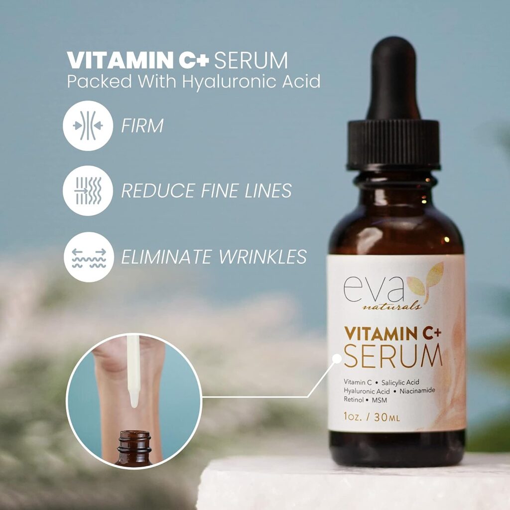 Eva Naturals Vitamin C Serum for Face Plus Hyaluronic Acid, Retinol, Niacinamide  Salicylic Acid, Anti Aging Serum, Reduce Fine Lines, Wrinkles  Dark Spots, Brightening Serum for Glowing Skin (1 oz)