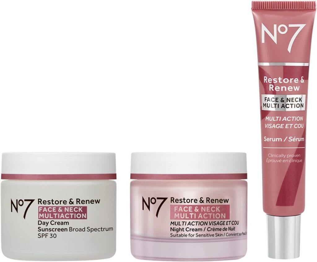 No7 Restore Renew Face Neck Multi Action Skincare System - SPF 30 Face Moisturizer Anti-Aging Facial Serum For Deep Wrinkle Repair + Hydrating Night Cream with Hyaluronic Acid - (3 Piece Kit)
