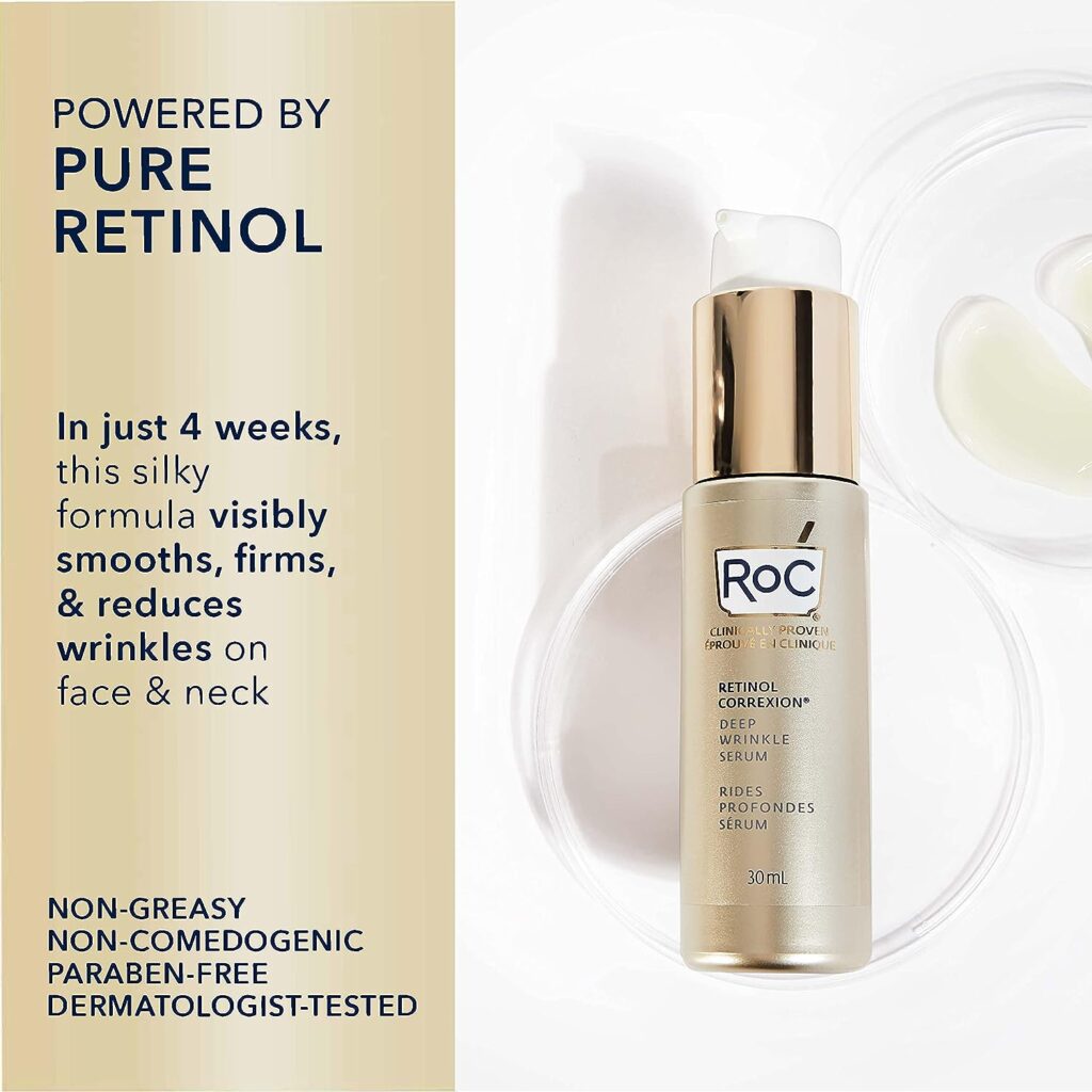 RoC Retinol Correxion Deep Wrinkle Retinol Face Serum with Ascorbic Acid, Daily Anti-Aging Skin Care Treatment for Fine Lines, Dark Spots, Acne Scars, 1 Ounce (Packaging May Vary)